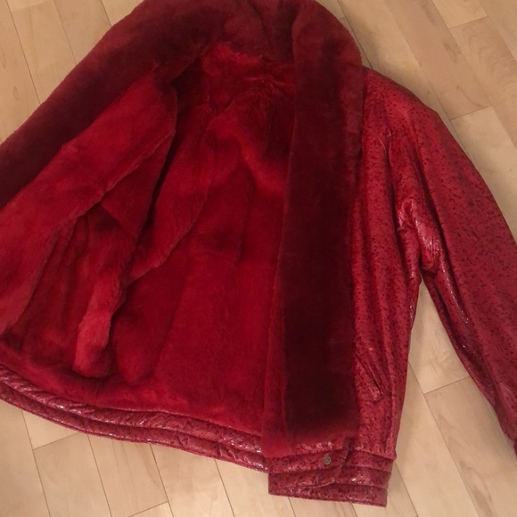 RED LEATHER Jacket lined with Red Rabbit Fur and Red Shearling Color - Picture 10 of 14